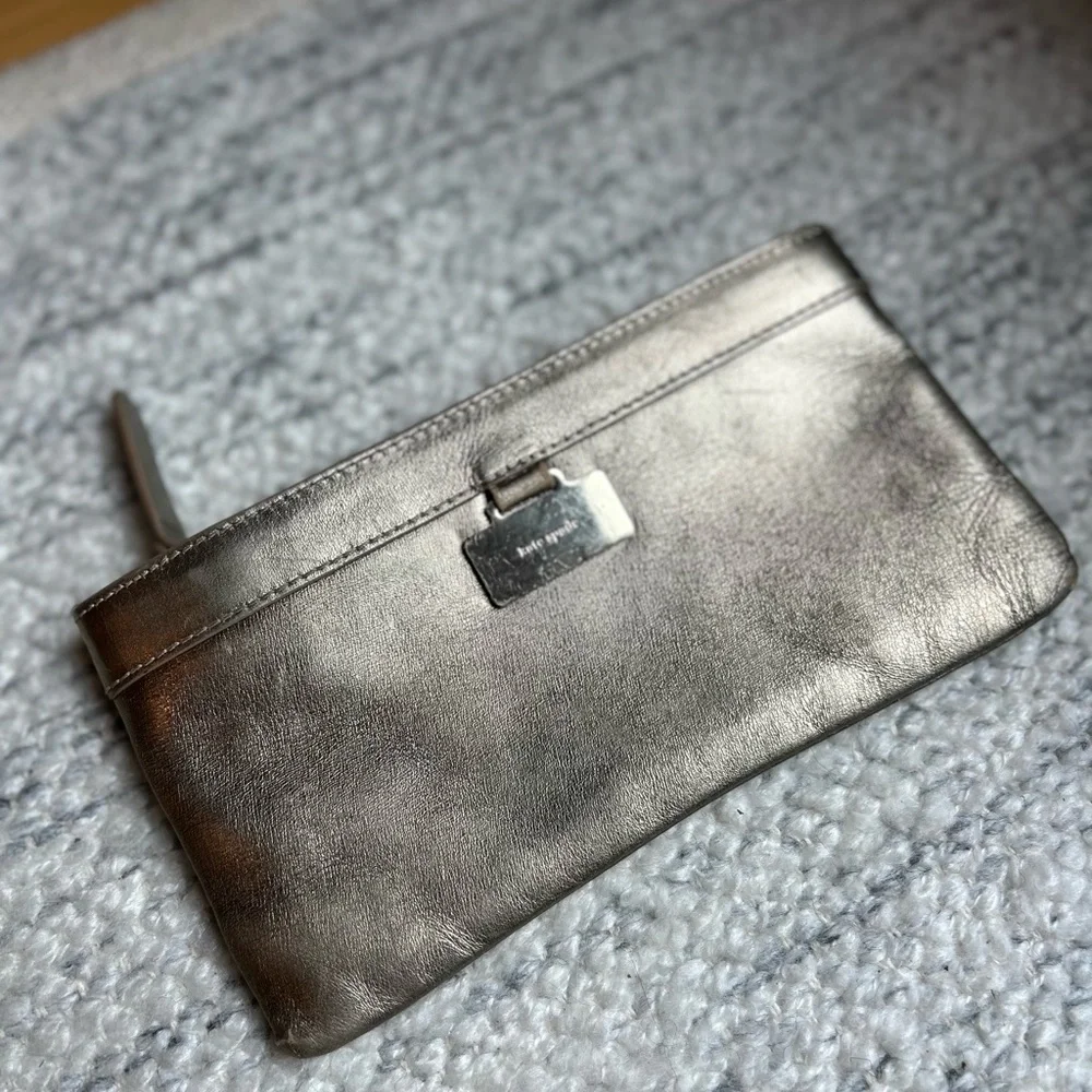 Kate Spade New York Metallic Pewter Gold Leather Wallet Y2K Minimalist